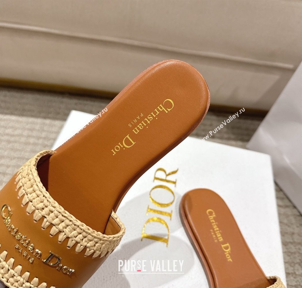 Dior Dioriviera D-Lane Flat Slides Sandal in Calfskin and Braided Raffia Brown 2025 (MD-250822106)