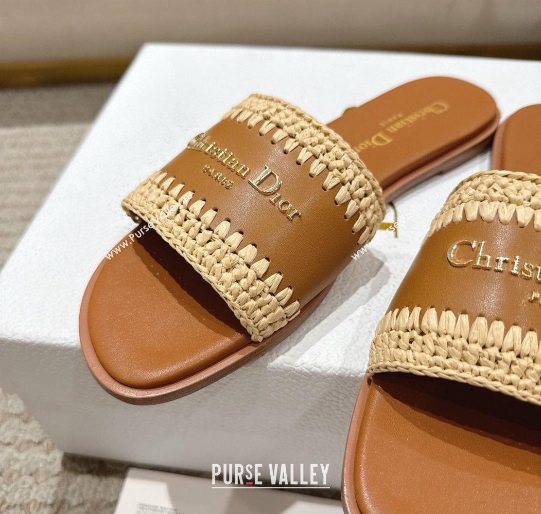 Dior Dioriviera D-Lane Flat Slides Sandal in Calfskin and Braided Raffia Brown 2025 (MD-250822106)