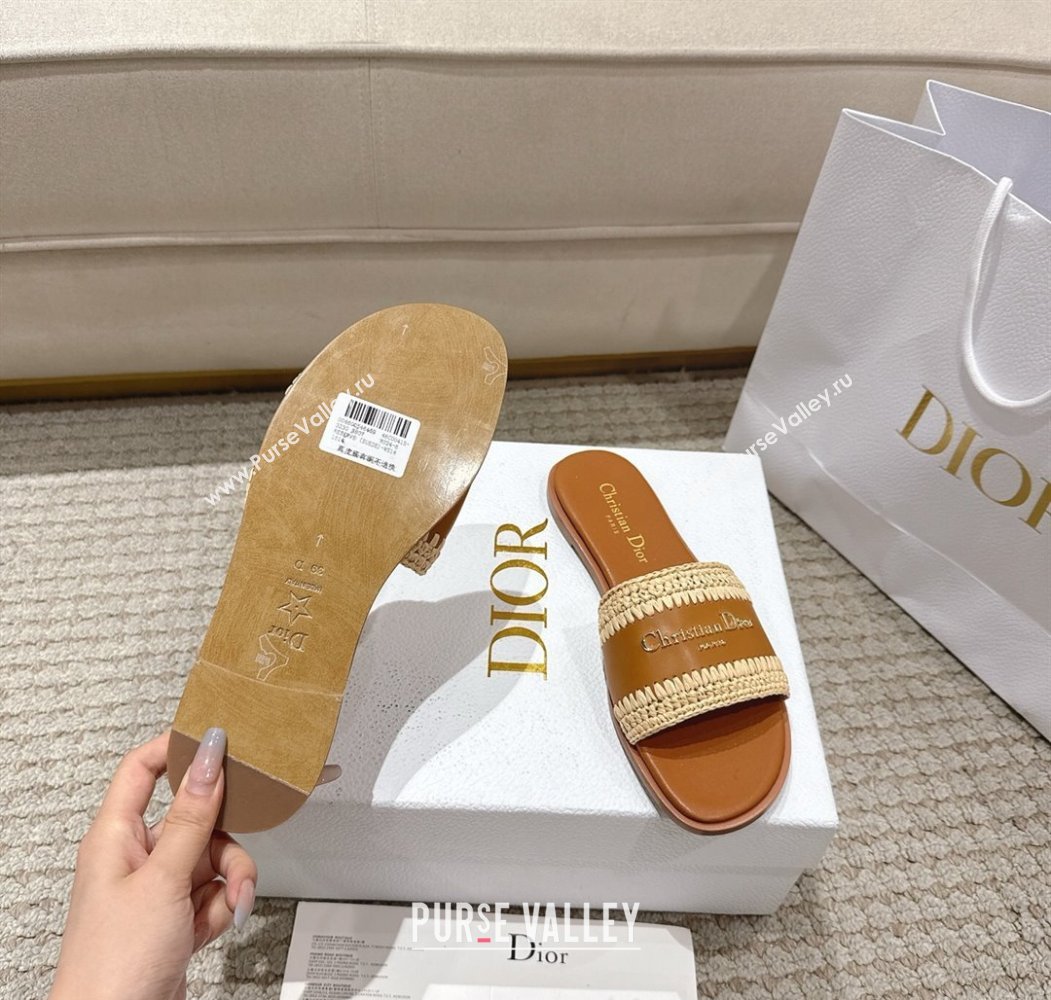 Dior Dioriviera D-Lane Flat Slides Sandal in Calfskin and Braided Raffia Brown 2025 (MD-250822106)