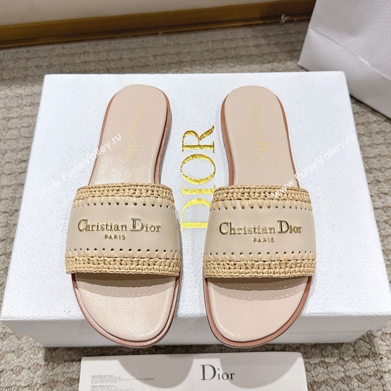 Dior Dioriviera D-Lane Flat Slides Sandal in Calfskin and Braided Raffia Nude 2025 (MD-250822107)
