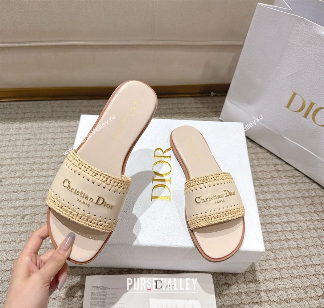 Dior Dioriviera D-Lane Flat Slides Sandal in Calfskin and Braided Raffia Nude 2025 (MD-250822107)