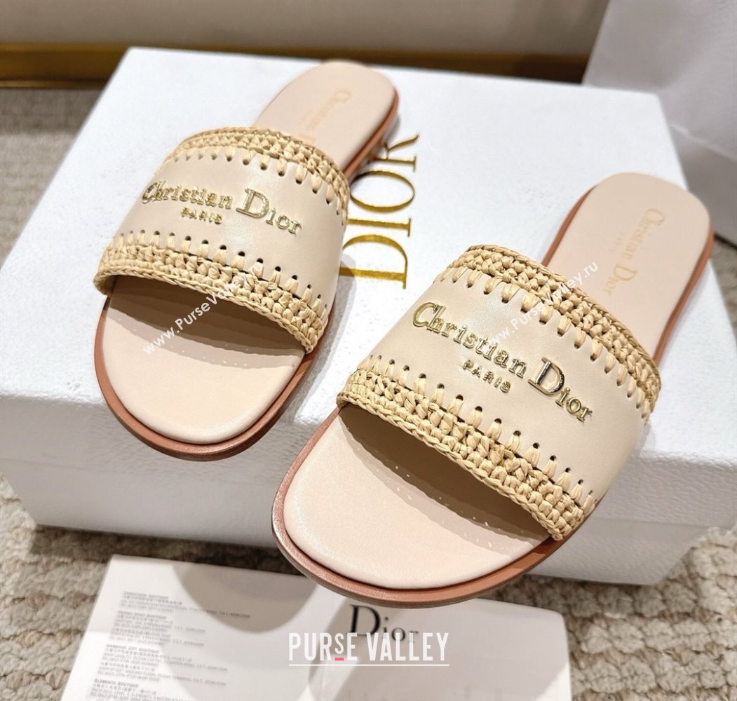 Dior Dioriviera D-Lane Flat Slides Sandal in Calfskin and Braided Raffia Nude 2025 (MD-250822107)