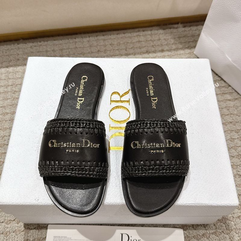 Dior Dioriviera D-Lane Flat Slides Sandal in Calfskin and Braided Raffia Black 2025 (MD-250822108)