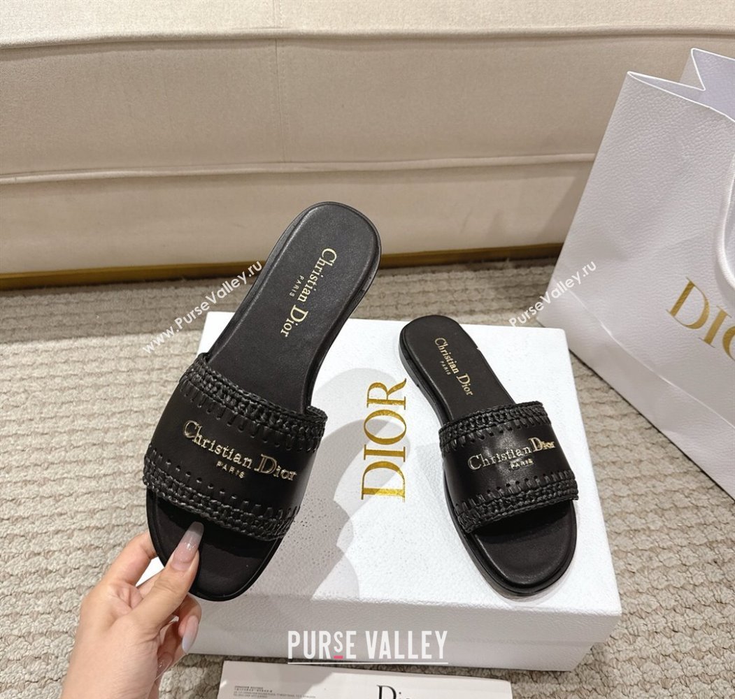 Dior Dioriviera D-Lane Flat Slides Sandal in Calfskin and Braided Raffia Black 2025 (MD-250822108)