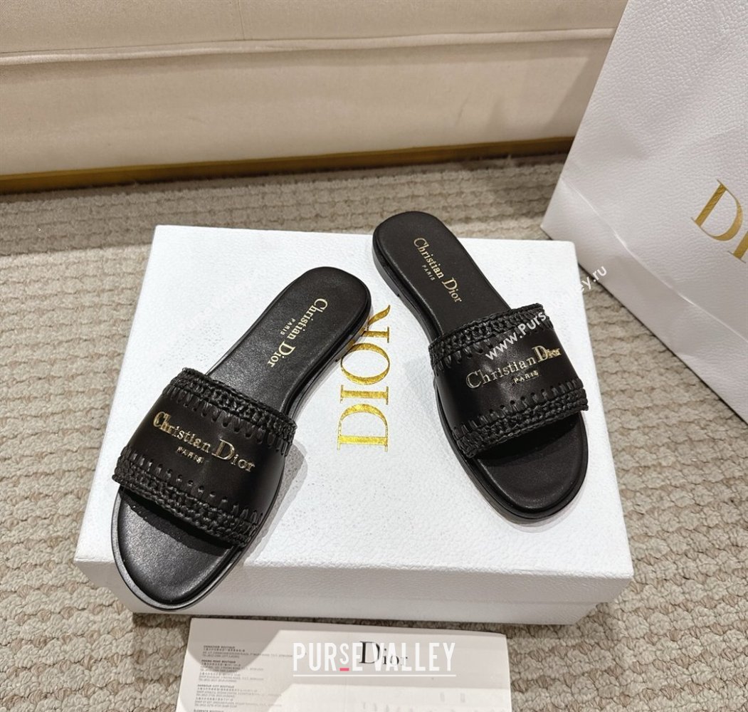 Dior Dioriviera D-Lane Flat Slides Sandal in Calfskin and Braided Raffia Black 2025 (MD-250822108)