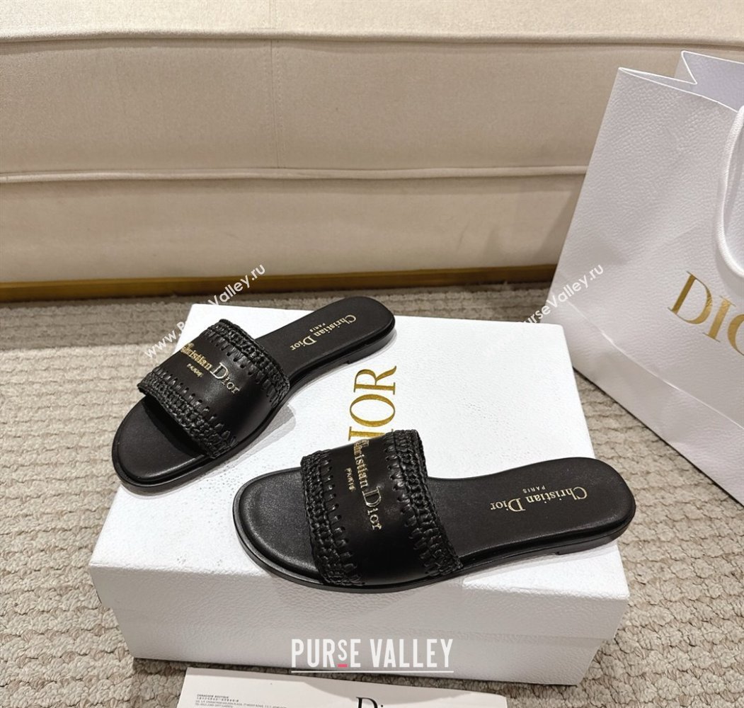 Dior Dioriviera D-Lane Flat Slides Sandal in Calfskin and Braided Raffia Black 2025 (MD-250822108)