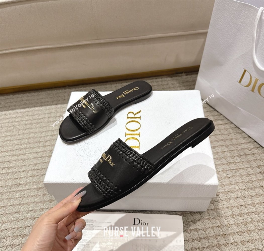 Dior Dioriviera D-Lane Flat Slides Sandal in Calfskin and Braided Raffia Black 2025 (MD-250822108)