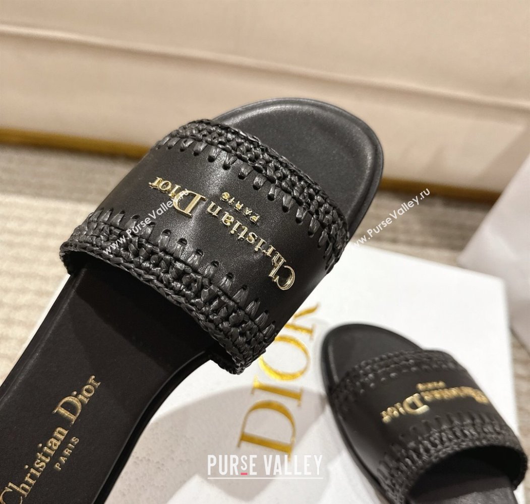 Dior Dioriviera D-Lane Flat Slides Sandal in Calfskin and Braided Raffia Black 2025 (MD-250822108)