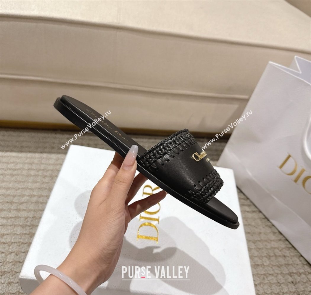Dior Dioriviera D-Lane Flat Slides Sandal in Calfskin and Braided Raffia Black 2025 (MD-250822108)