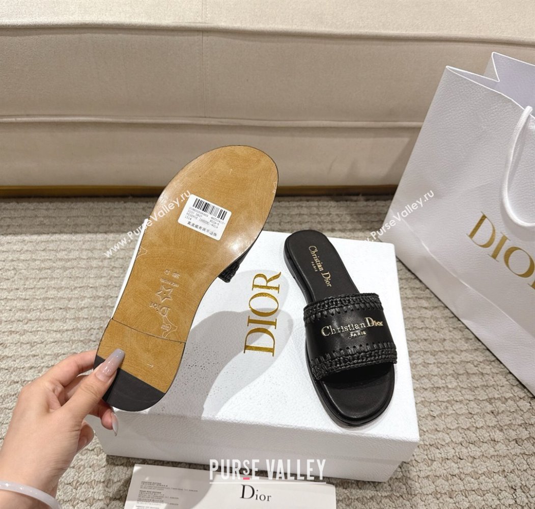 Dior Dioriviera D-Lane Flat Slides Sandal in Calfskin and Braided Raffia Black 2025 (MD-250822108)
