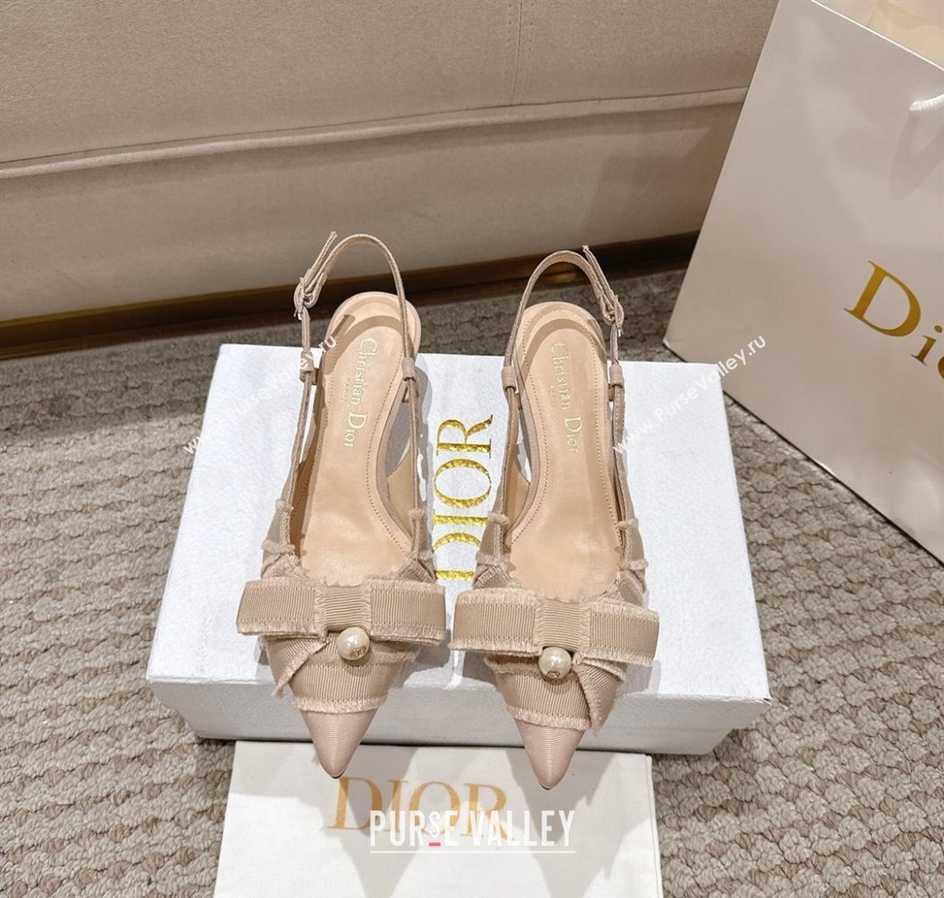 Dior Adiorable Slingback Pumps 4cm in Fringed Grosgrain with Pearls Bow Beige 2025 (MD-250822035)