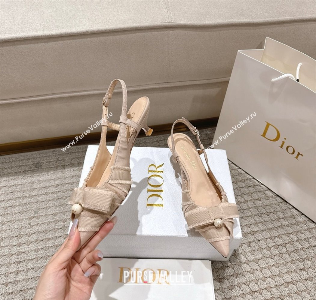 Dior Adiorable Slingback Pumps 4cm in Fringed Grosgrain with Pearls Bow Beige 2025 (MD-250822035)