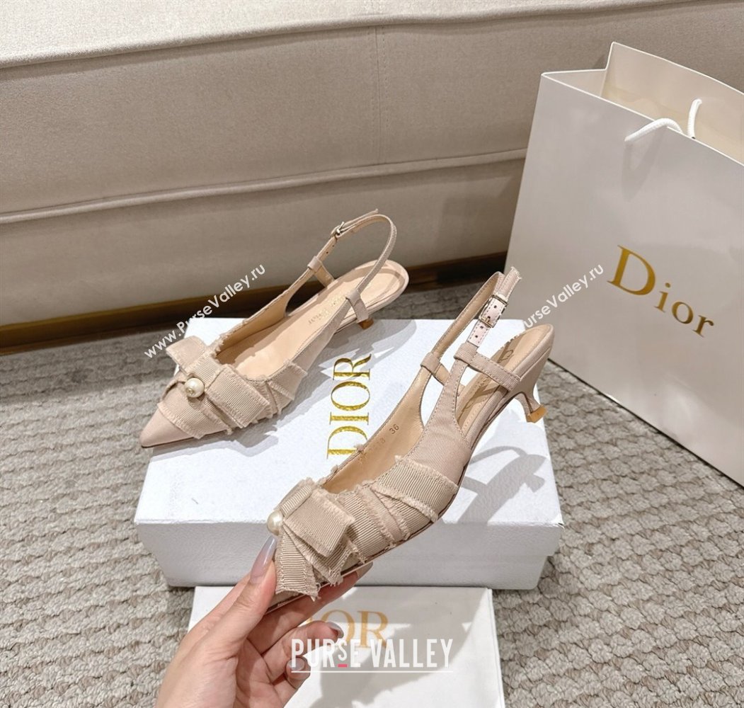 Dior Adiorable Slingback Pumps 4cm in Fringed Grosgrain with Pearls Bow Beige 2025 (MD-250822035)