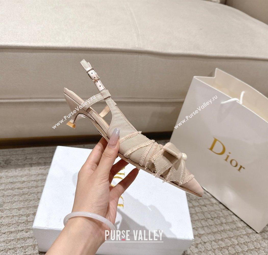 Dior Adiorable Slingback Pumps 4cm in Fringed Grosgrain with Pearls Bow Beige 2025 (MD-250822035)