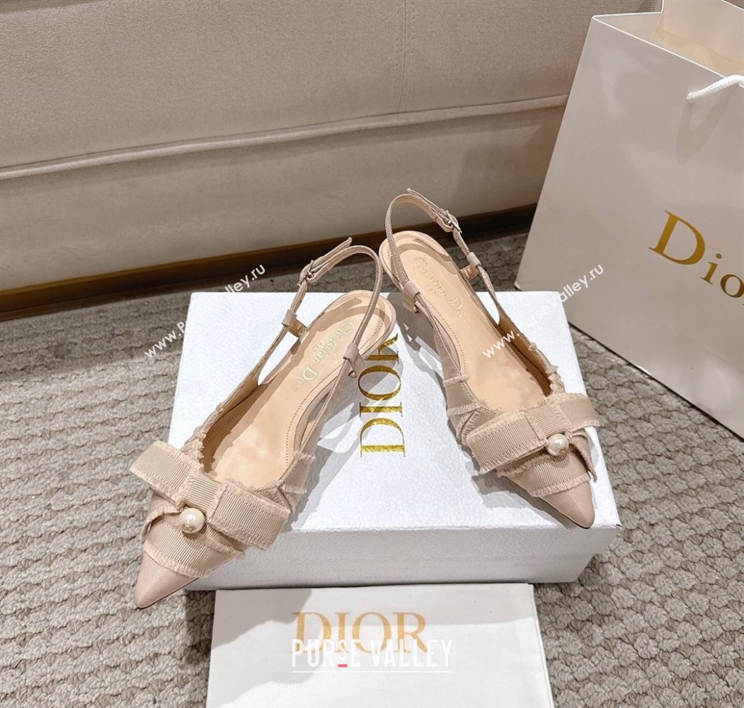 Dior Adiorable Slingback Pumps 4cm in Fringed Grosgrain with Pearls Bow Beige 2025 (MD-250822035)