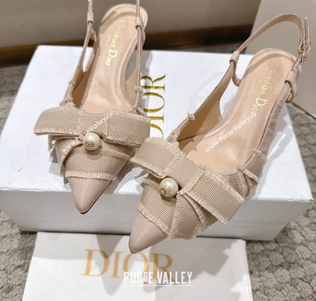 Dior Adiorable Slingback Pumps 4cm in Fringed Grosgrain with Pearls Bow Beige 2025 (MD-250822035)