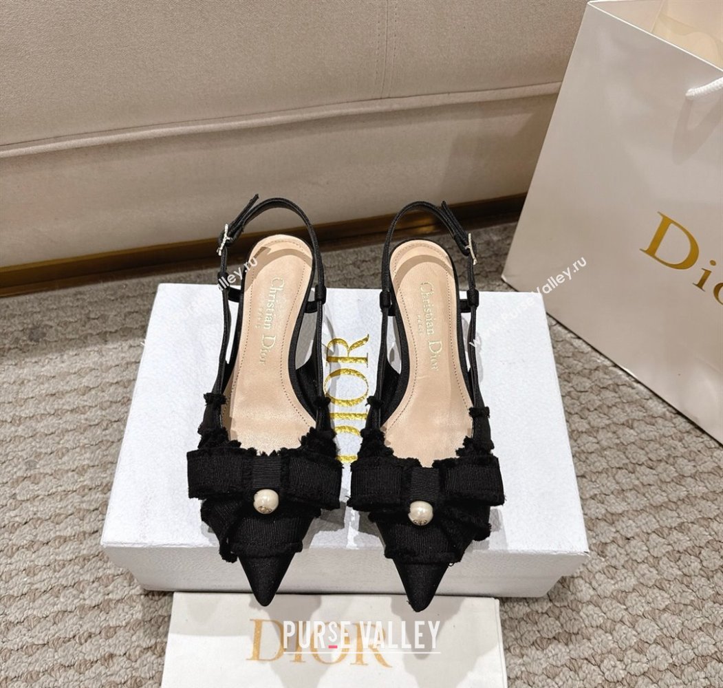 Dior Adiorable Slingback Pumps 4cm in Fringed Grosgrain with Pearls Bow Black 2025 (MD-250822036)
