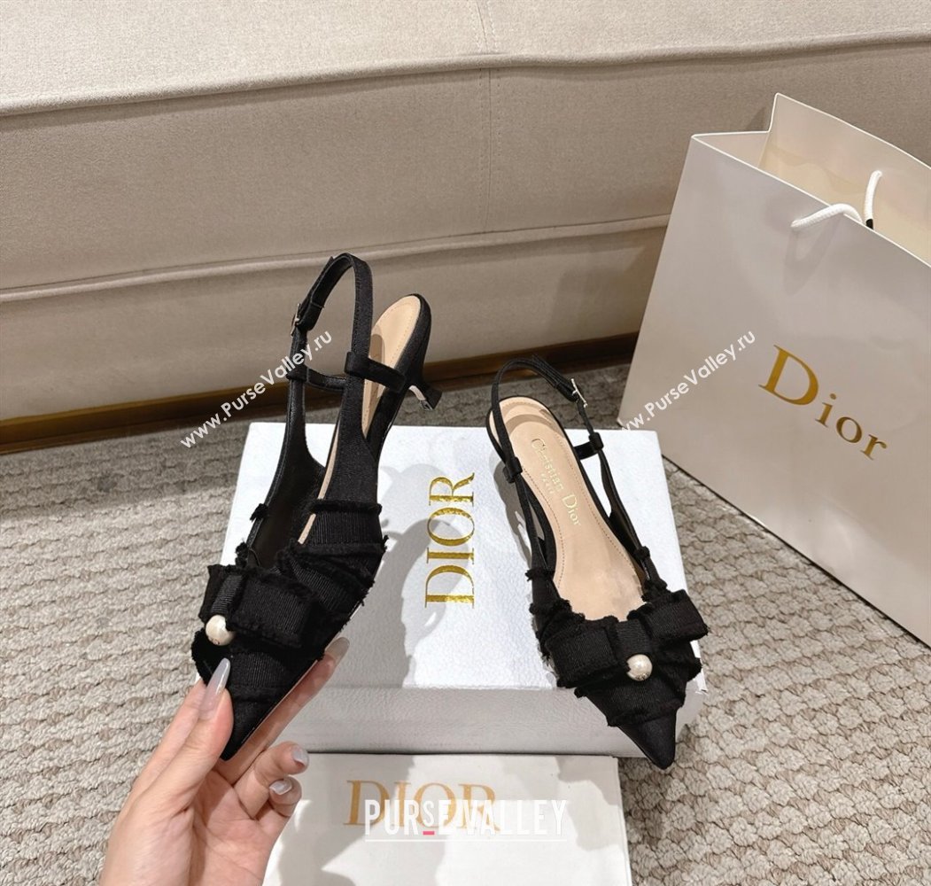 Dior Adiorable Slingback Pumps 4cm in Fringed Grosgrain with Pearls Bow Black 2025 (MD-250822036)