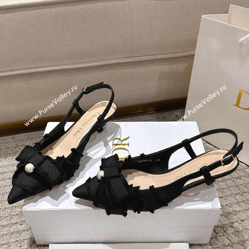 Dior Adiorable Slingback Pumps 4cm in Fringed Grosgrain with Pearls Bow Black 2025 (MD-250822036)