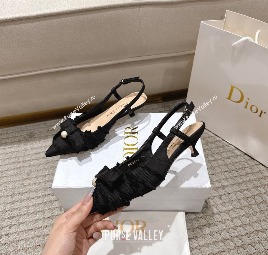 Dior Adiorable Slingback Pumps 4cm in Fringed Grosgrain with Pearls Bow Black 2025 (MD-250822036)