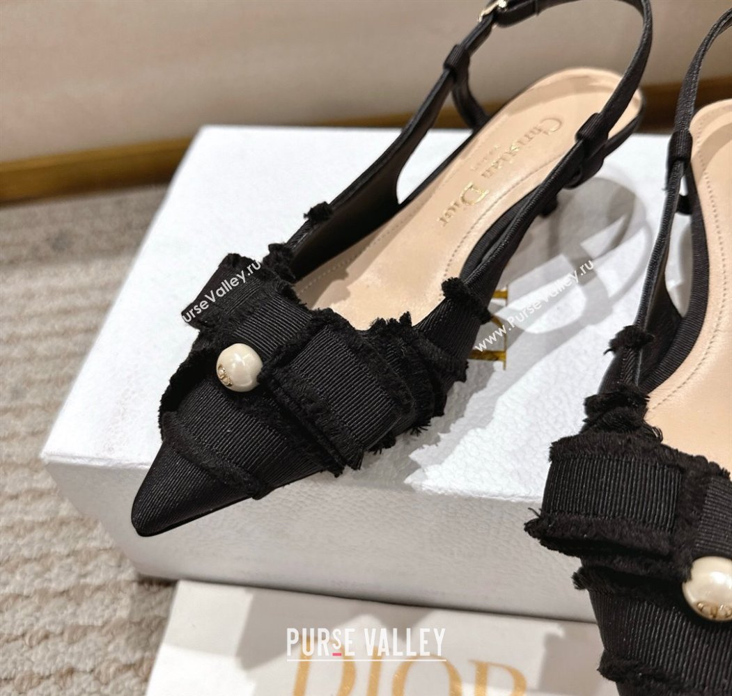 Dior Adiorable Slingback Pumps 4cm in Fringed Grosgrain with Pearls Bow Black 2025 (MD-250822036)