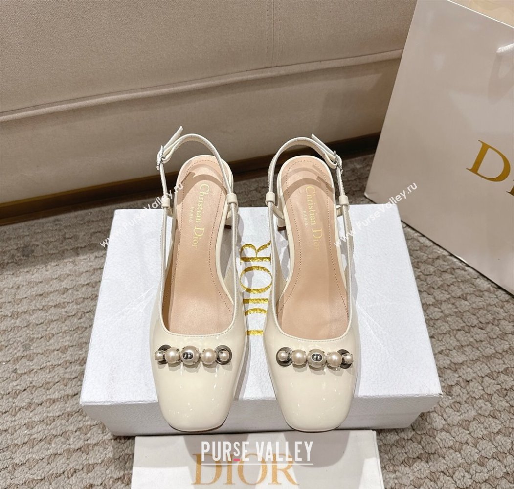 Dior Patent Calfskin Slingback Pumps 5.5cm with Pearls White 2025 DR082201 (MD-250822040)