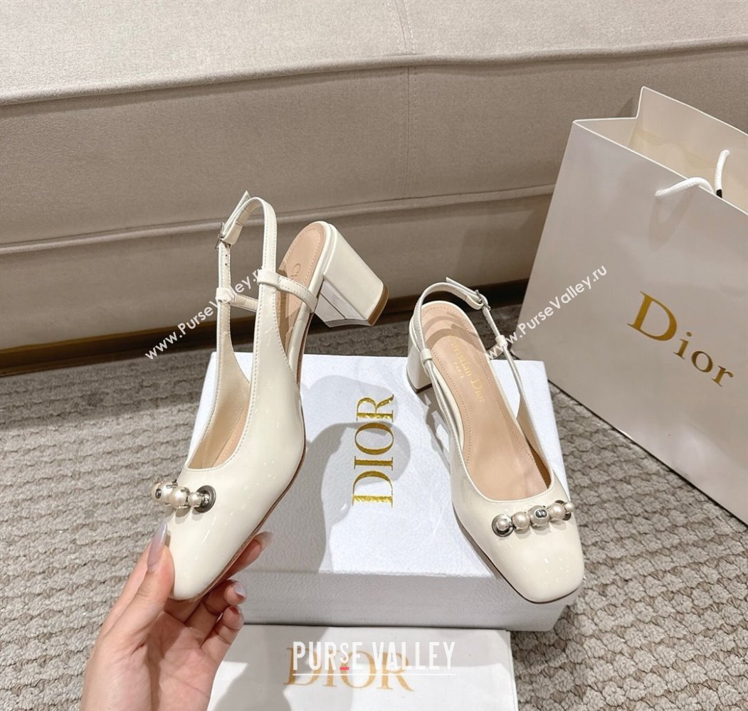Dior Patent Calfskin Slingback Pumps 5.5cm with Pearls White 2025 DR082201 (MD-250822040)