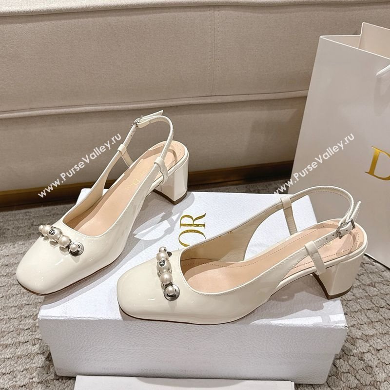 Dior Patent Calfskin Slingback Pumps 5.5cm with Pearls White 2025 DR082201 (MD-250822040)