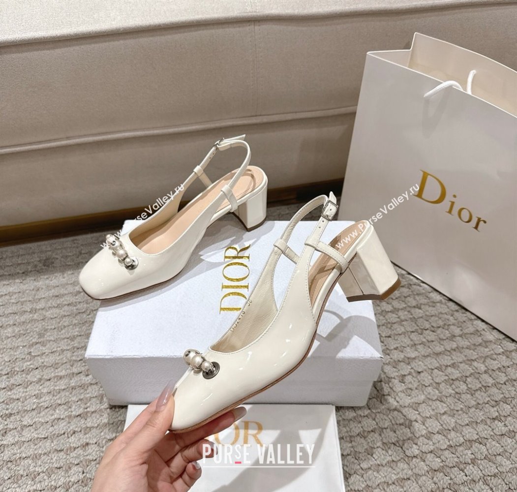Dior Patent Calfskin Slingback Pumps 5.5cm with Pearls White 2025 DR082201 (MD-250822040)