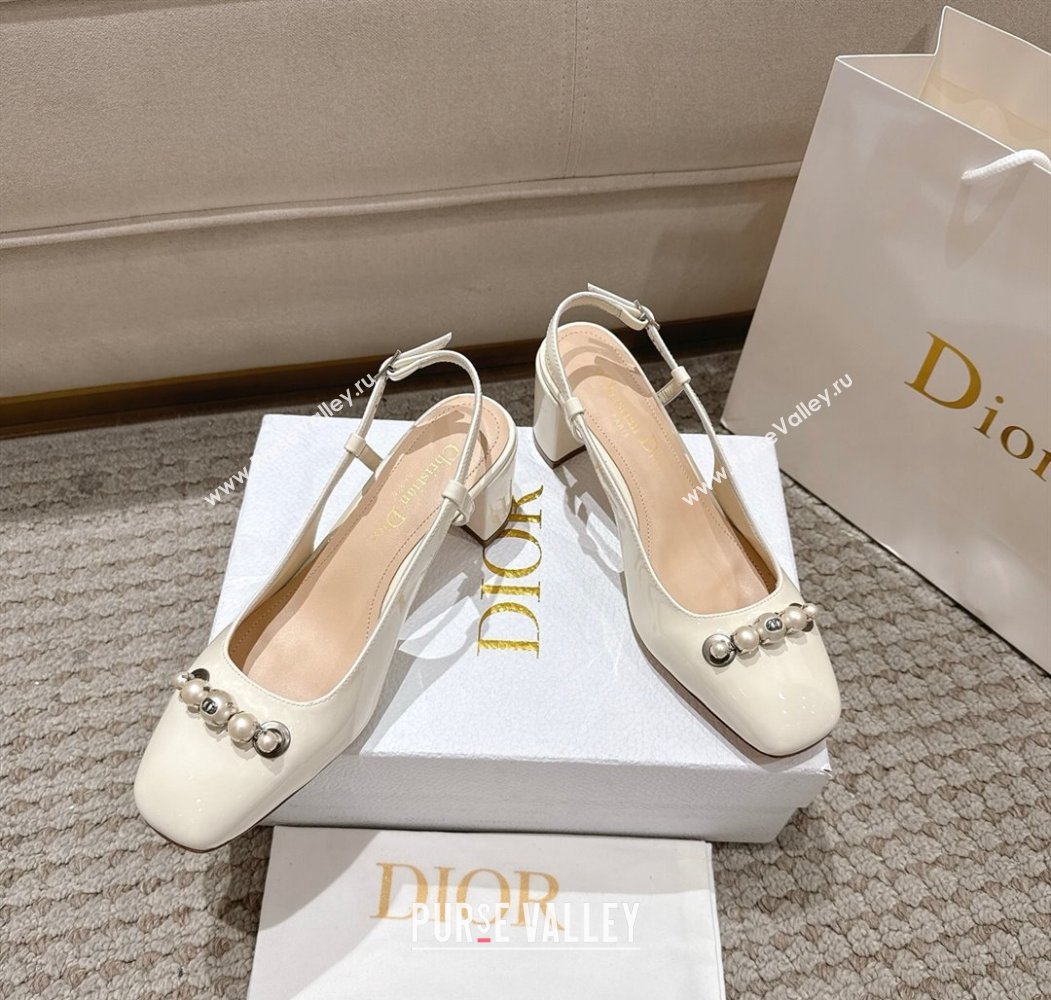 Dior Patent Calfskin Slingback Pumps 5.5cm with Pearls White 2025 DR082201 (MD-250822040)
