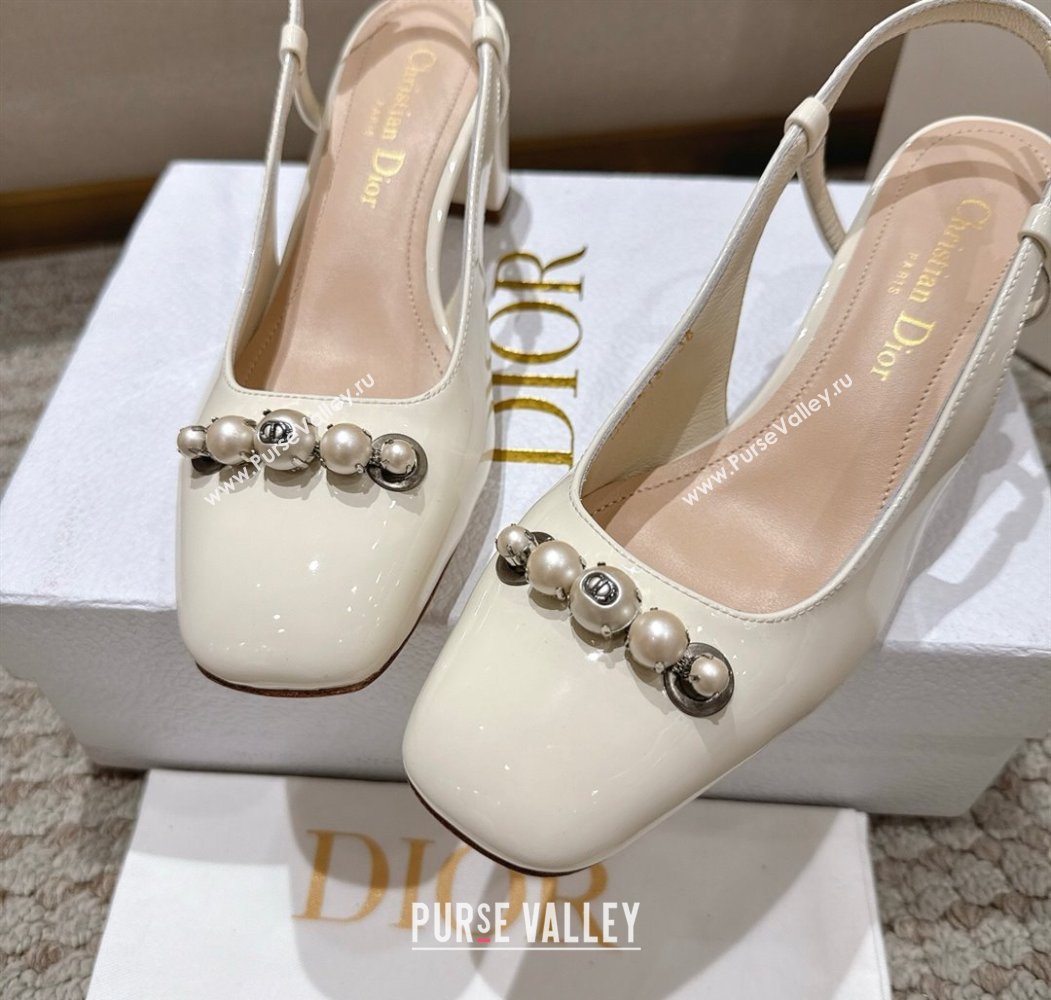Dior Patent Calfskin Slingback Pumps 5.5cm with Pearls White 2025 DR082201 (MD-250822040)
