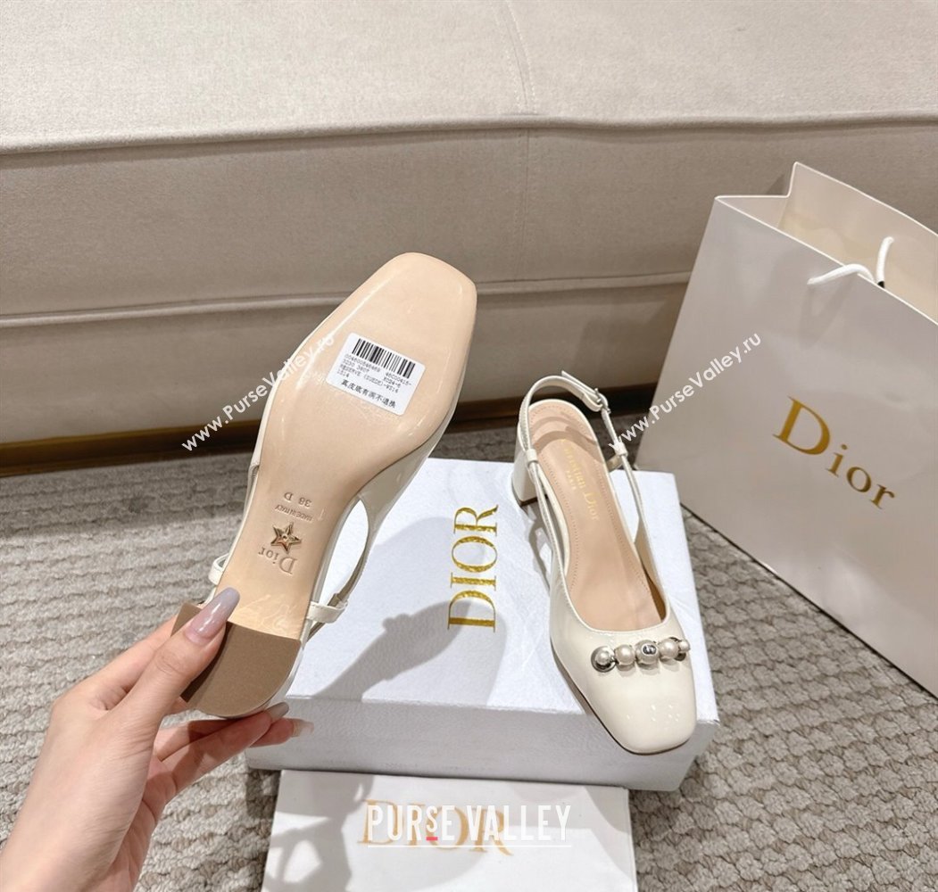 Dior Patent Calfskin Slingback Pumps 5.5cm with Pearls White 2025 DR082201 (MD-250822040)