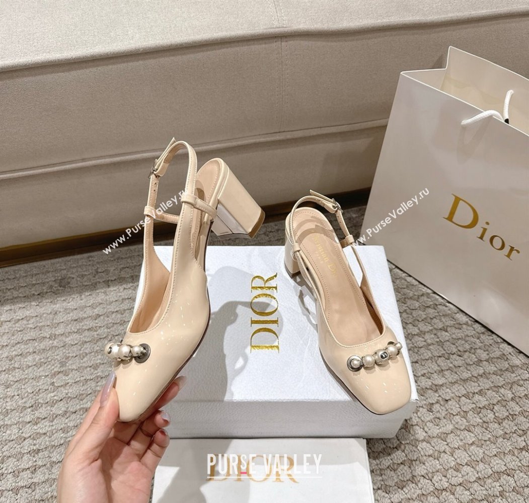 Dior Patent Calfskin Slingback Pumps 5.5cm with Pearls Nude 2025 DR082201 (MD-250822042)