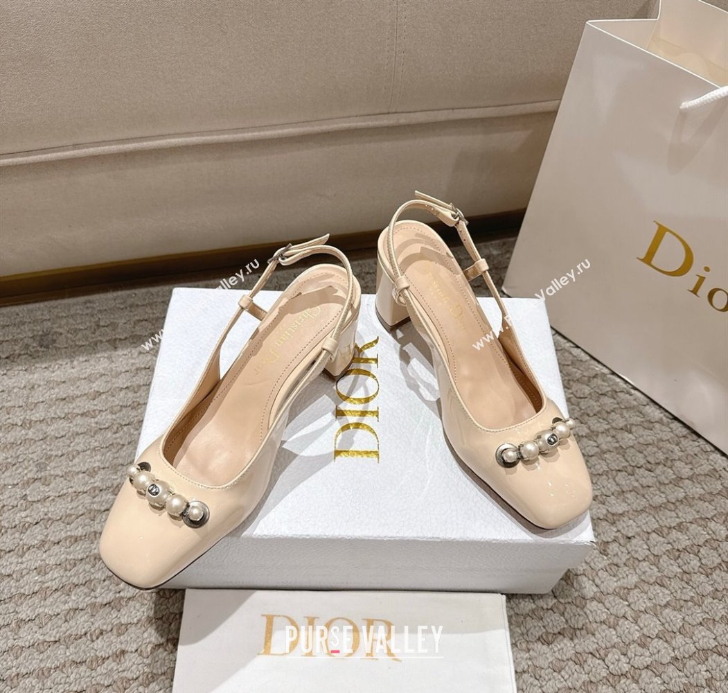Dior Patent Calfskin Slingback Pumps 5.5cm with Pearls Nude 2025 DR082201 (MD-250822042)