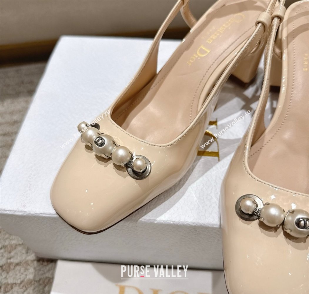 Dior Patent Calfskin Slingback Pumps 5.5cm with Pearls Nude 2025 DR082201 (MD-250822042)