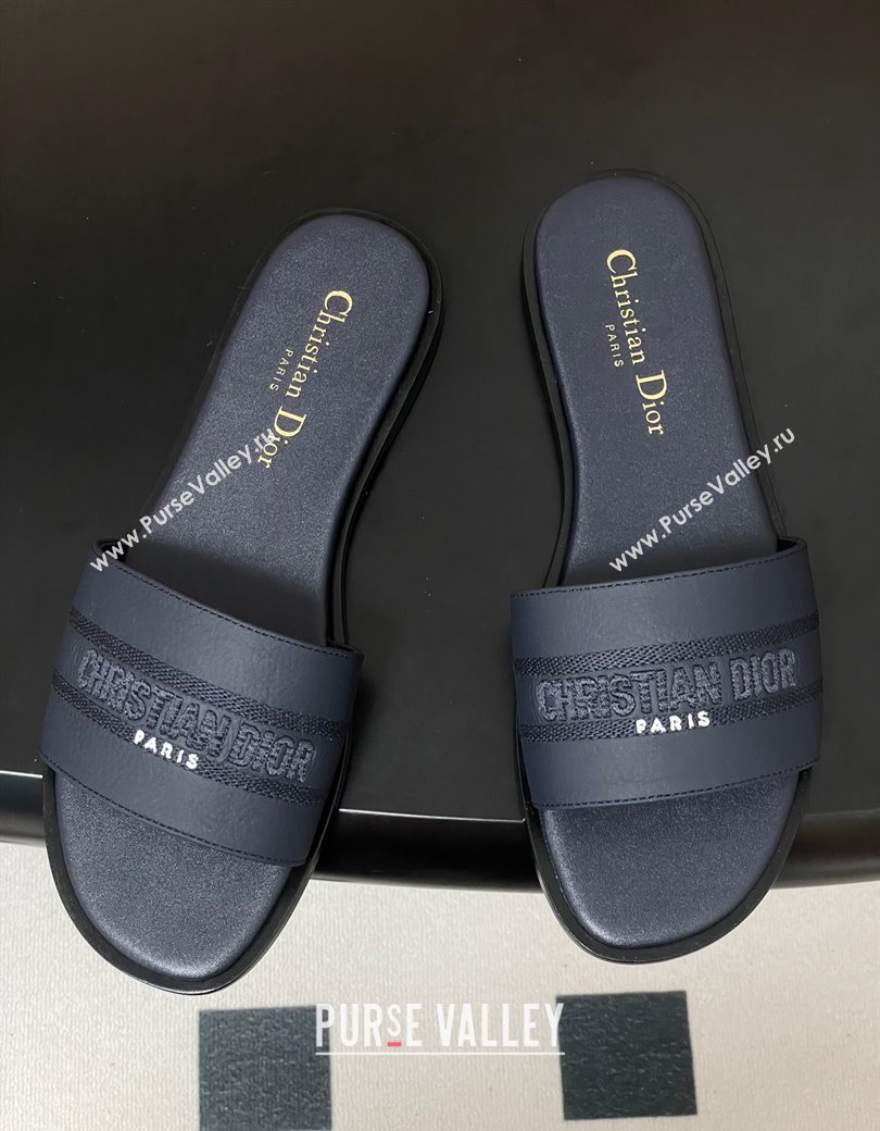 Dior Dway Flat Slides Sandal in Grained Calfskin Leather Deep Blue 2025 S03W (MD-250822066)