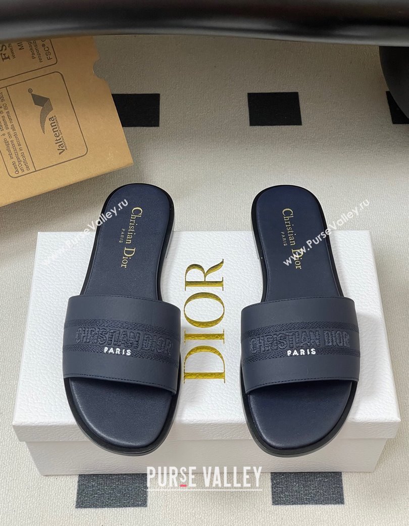 Dior Dway Flat Slides Sandal in Grained Calfskin Leather Deep Blue 2025 S03W (MD-250822066)