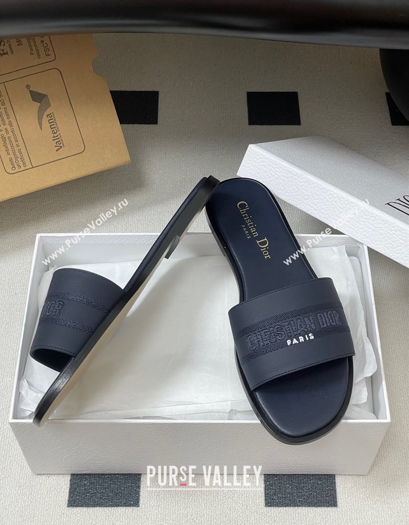 Dior Dway Flat Slides Sandal in Grained Calfskin Leather Deep Blue 2025 S03W (MD-250822066)