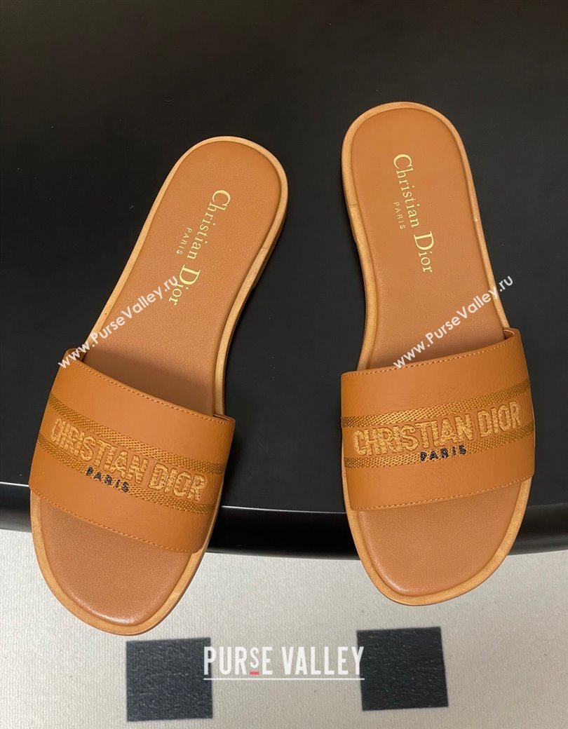 Dior Dway Flat Slides Sandal in Grained Calfskin Leather Brown 2025 S03W (MD-250822068)