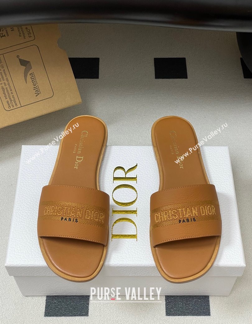 Dior Dway Flat Slides Sandal in Grained Calfskin Leather Brown 2025 S03W (MD-250822068)