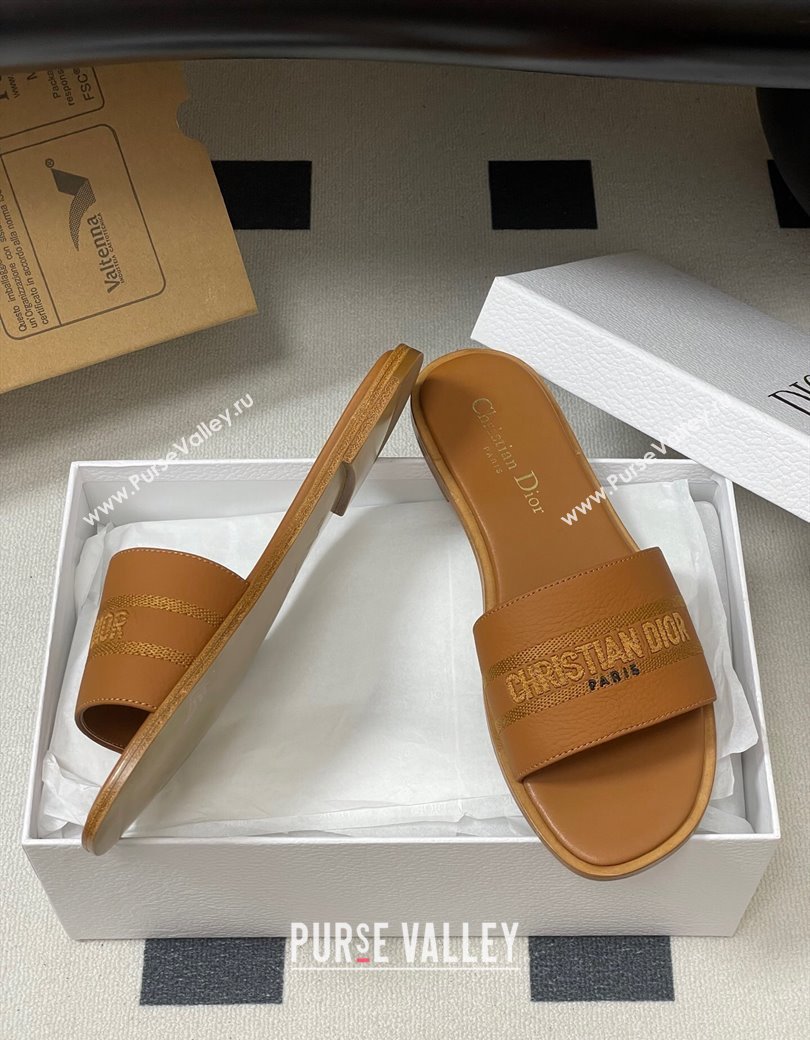 Dior Dway Flat Slides Sandal in Grained Calfskin Leather Brown 2025 S03W (MD-250822068)