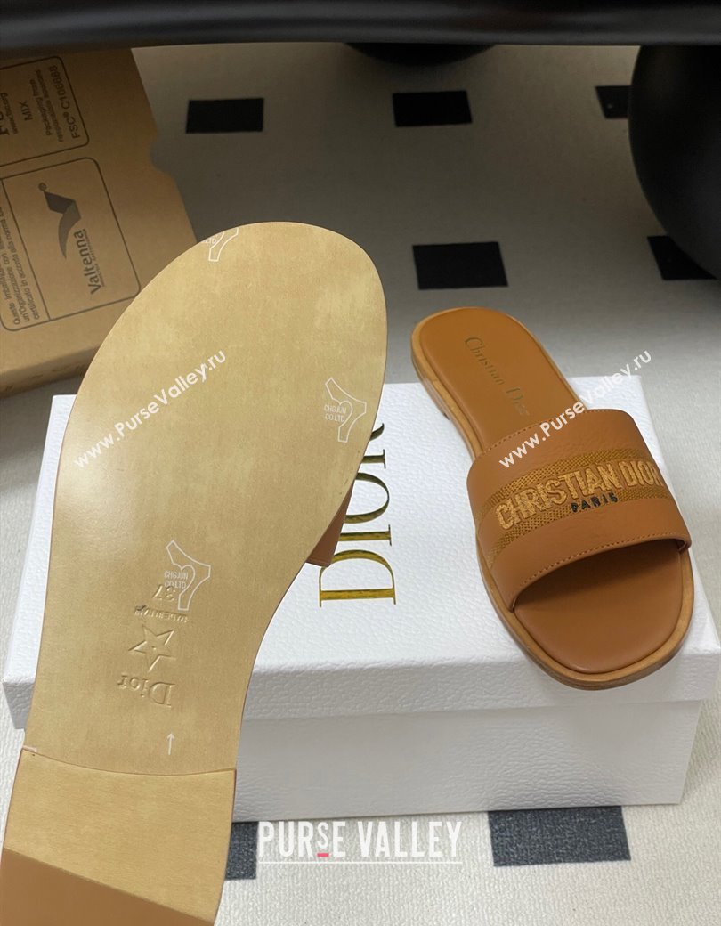 Dior Dway Flat Slides Sandal in Grained Calfskin Leather Brown 2025 S03W (MD-250822068)