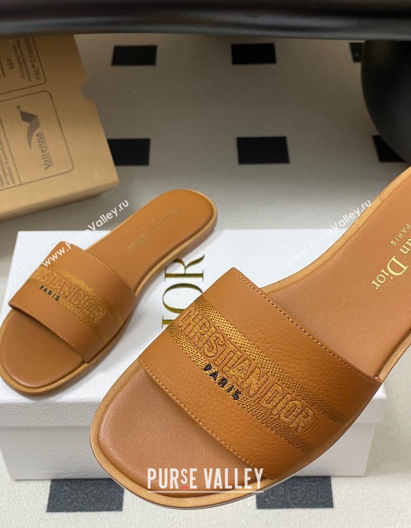 Dior Dway Flat Slides Sandal in Grained Calfskin Leather Brown 2025 S03W (MD-250822068)