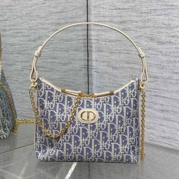 Dior Miss Caro Diorling Mini Bag with Chain in Blue Dior Oblique Chambray with Raffia Effect and White Calfskin 2025 (XXG-250929