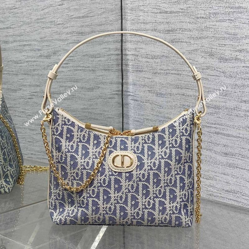 Dior Miss Caro Diorling Mini Bag with Chain in Blue Dior Oblique Chambray with Raffia Effect and White Calfskin 2025 (XXG-250929
