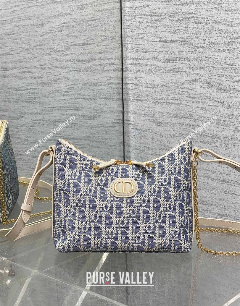 Dior Miss Caro Diorling Mini Bag with Chain in Blue Dior Oblique Chambray with Raffia Effect and White Calfskin 2025 (XXG-250929