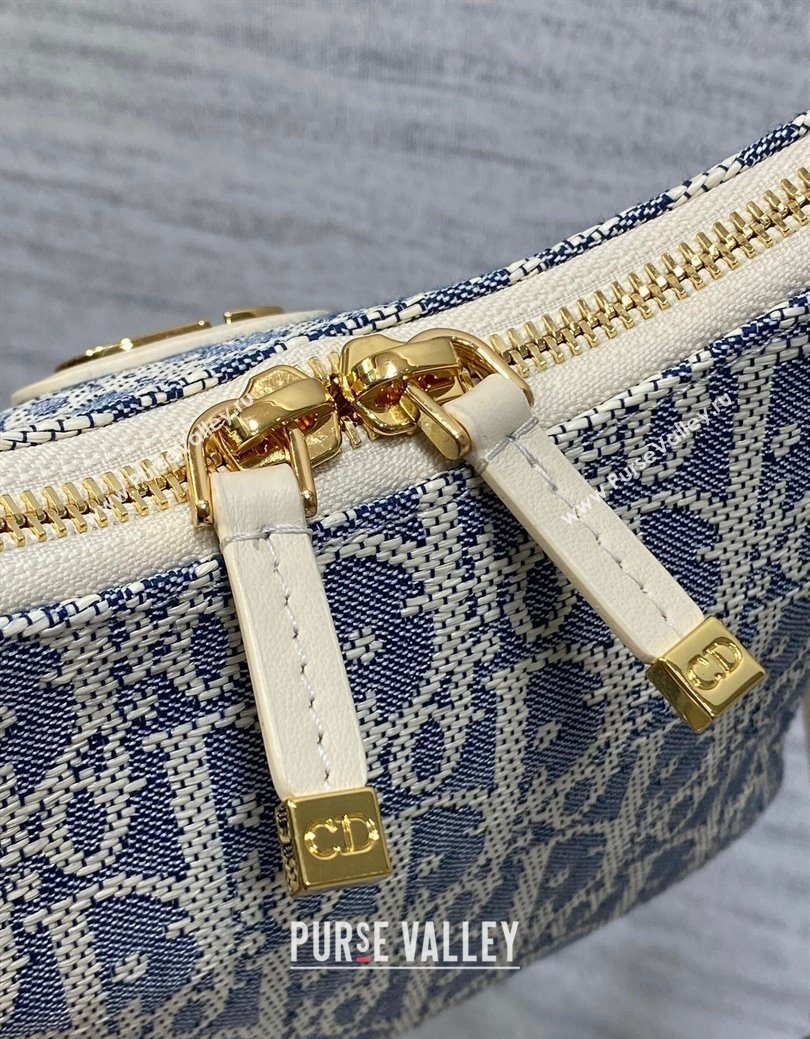 Dior Miss Caro Diorling Mini Bag with Chain in Blue Dior Oblique Chambray with Raffia Effect and White Calfskin 2025 (XXG-250929