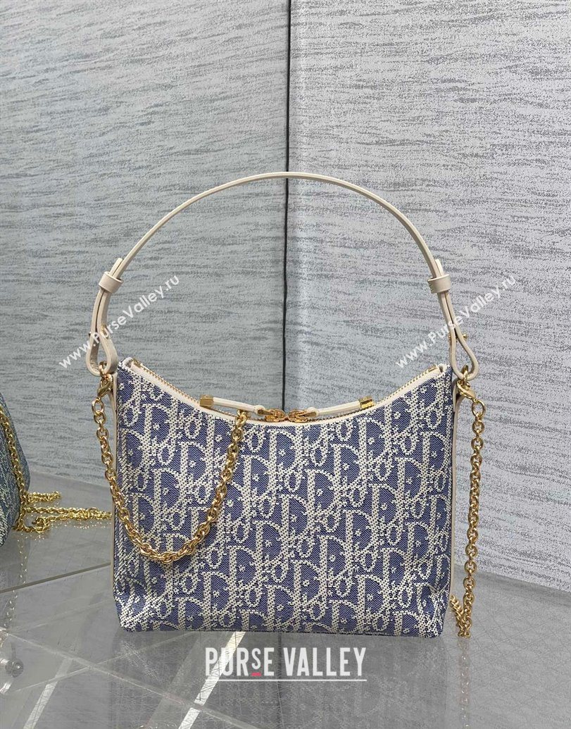 Dior Miss Caro Diorling Mini Bag with Chain in Blue Dior Oblique Chambray with Raffia Effect and White Calfskin 2025 (XXG-250929