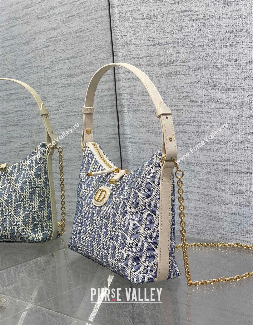 Dior Miss Caro Diorling Mini Bag with Chain in Blue Dior Oblique Chambray with Raffia Effect and White Calfskin 2025 (XXG-250929