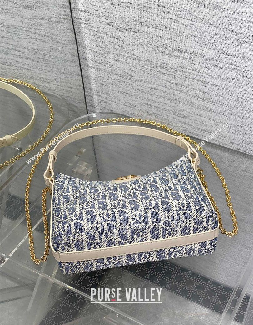 Dior Miss Caro Diorling Mini Bag with Chain in Blue Dior Oblique Chambray with Raffia Effect and White Calfskin 2025 (XXG-250929